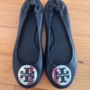 Tory Burch Black Flats with Silver Logo